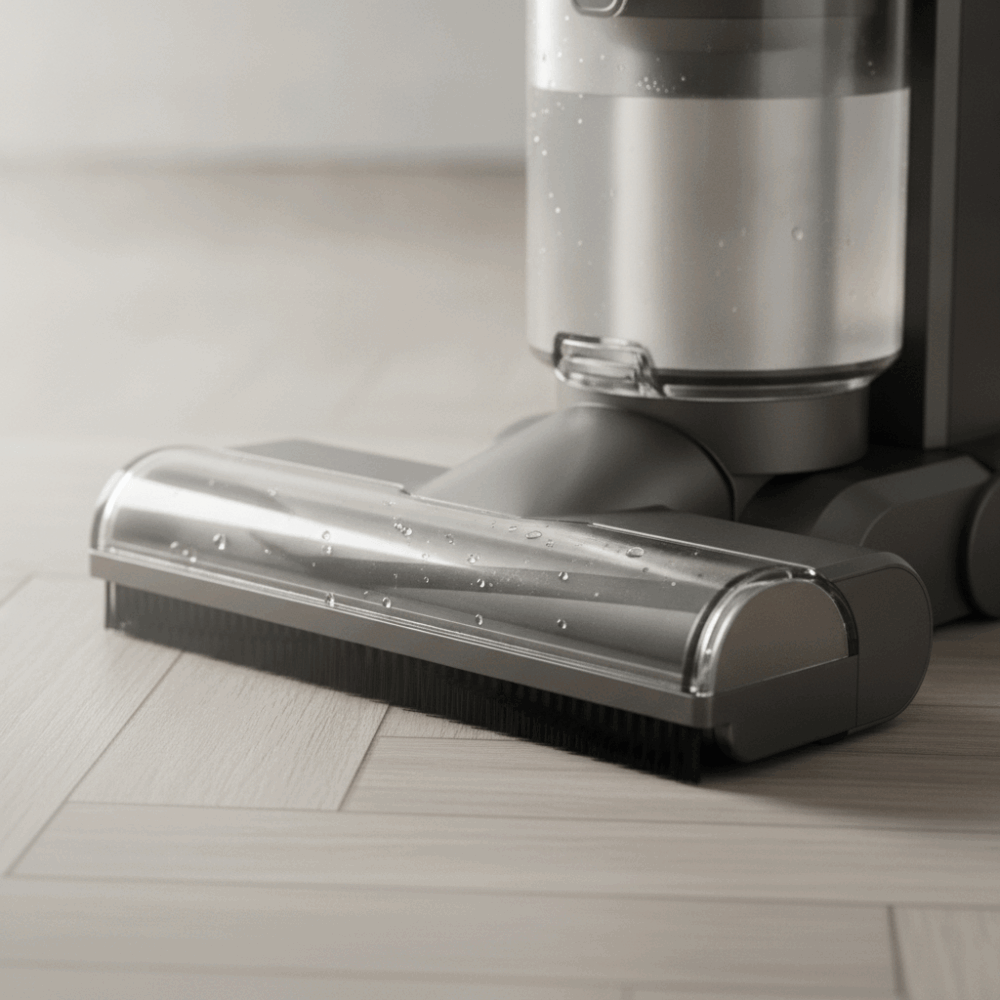 Gros plan sur la brosse plate et le réservoir d'eau chaude d'un aspirateur laveur sur parquet clair