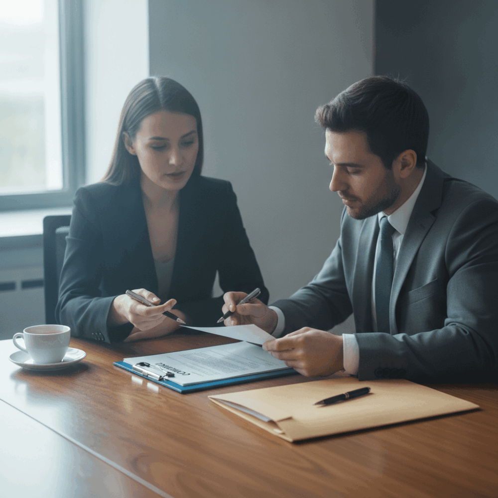 Avocat et client échangeant et signant une convention d'honoraires dans un bureau lumineux