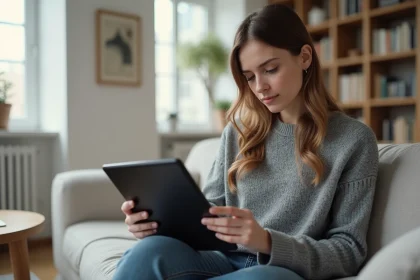 Femme consultant les options d'abonnement YouTube Premium sur une tablette dans un salon moderne