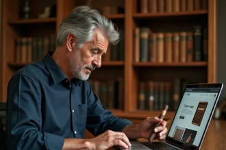 Homme examinant une boîte de cigares premium à côté d'un ordinateur portable affichant un site de vente en ligne