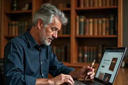 Homme examinant une boîte de cigares premium à côté d'un ordinateur portable affichant un site de vente en ligne