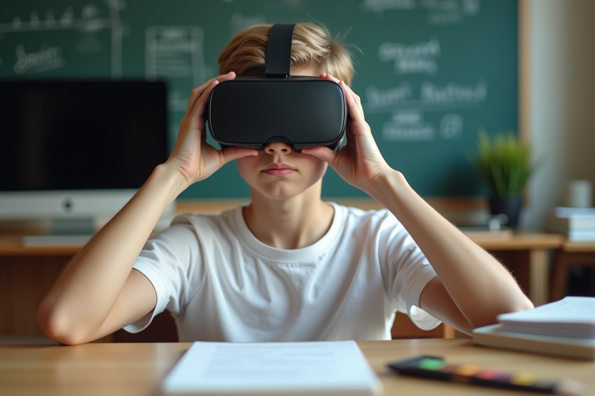 Adolescent ajustant un casque VR dans sa chambre d