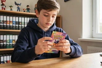 Adolescent tenant un booster Pokémon Étincelles Déferlantes dans une chambre avec des cartes bien organisées sur des étagères