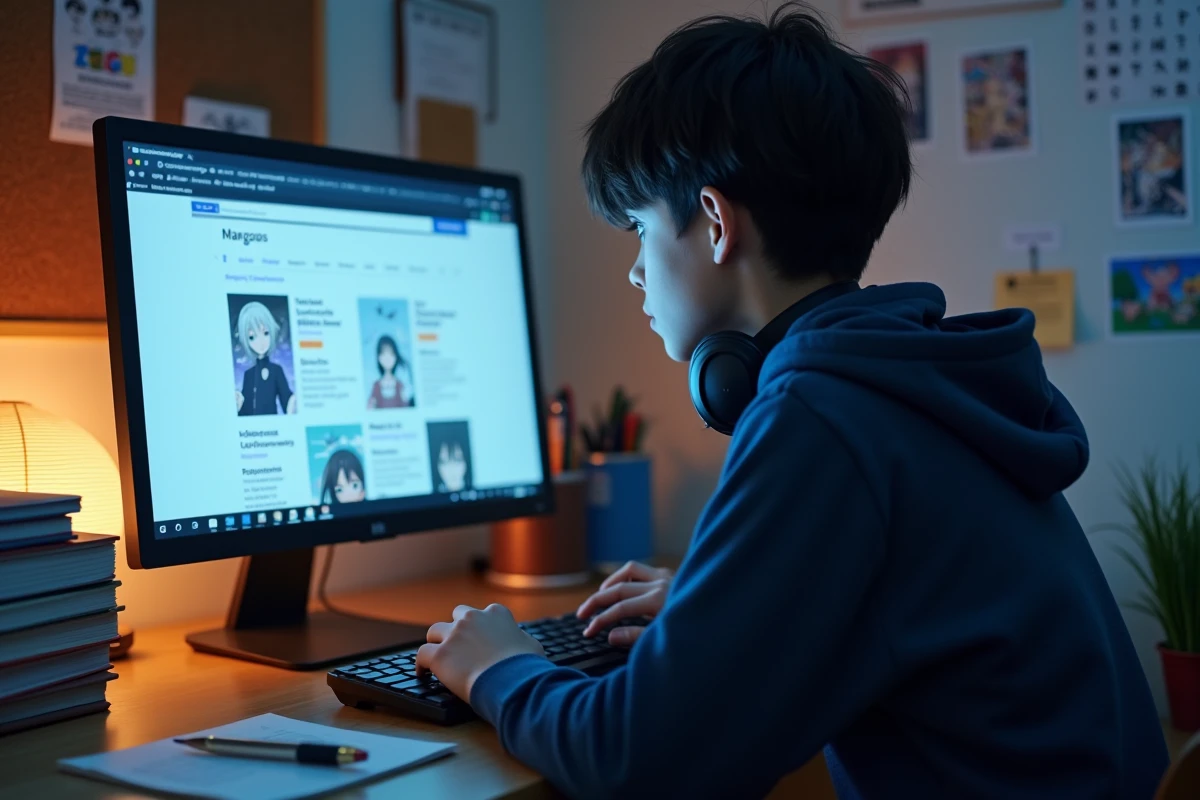 Adolescent lisant des scans de manga sur un site officiel depuis son ordinateur de bureau dans sa chambre