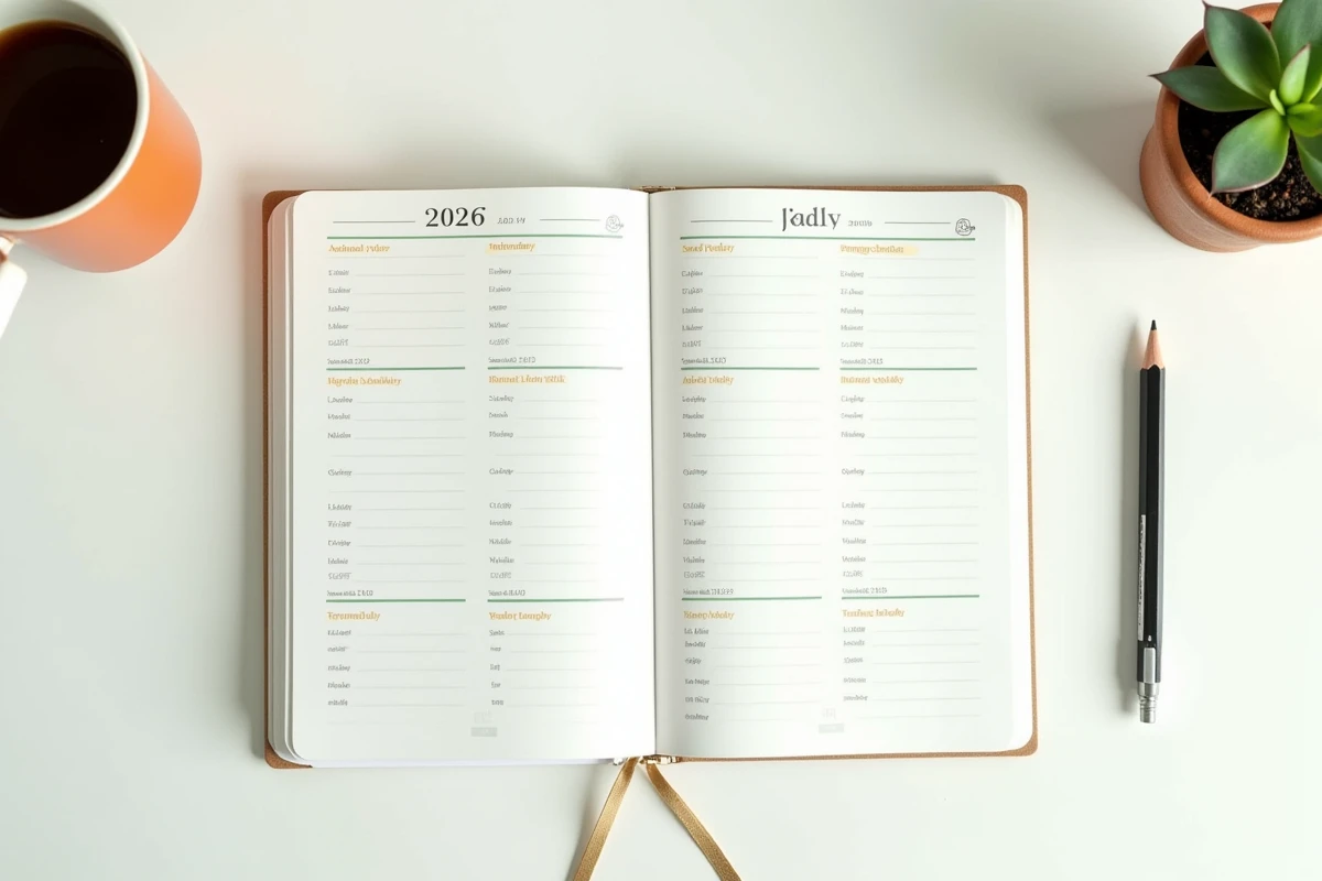 Agenda papier 2026 ouvert sur un bureau avec plannings de semaines paires et impaires annotés à la main en vue de dessus