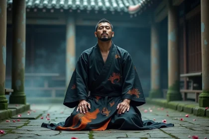 Guerrier démoniaque en kimono sombre agenouillé dans une cour japonaise en ruines au crépuscule, symbolisant l'honneur et la mort d'Akaza