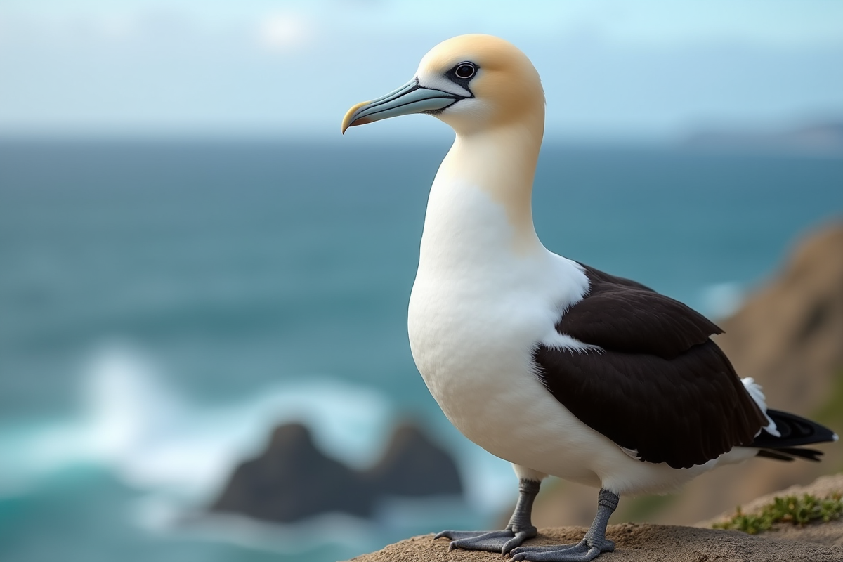 Albatros perché sur falaise venteuse avec ciel et mer flous