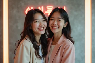 Deux jeunes femmes souriantes dans un studio parisien tendance