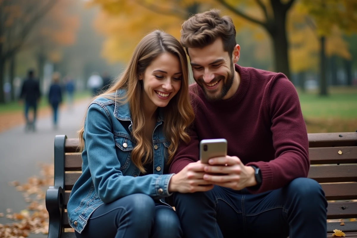 Deux amis résolvant ensemble les énigmes de Rooms and Exits sur smartphone dans un parc en automne