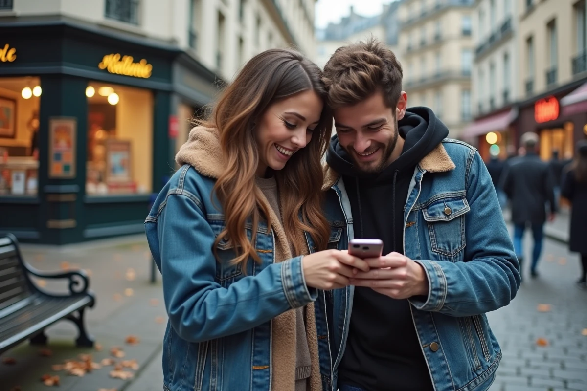 Deux amis francophones réagissant avec enthousiasme à des scans de manga sur smartphone dans une rue pavée parisienne en automne