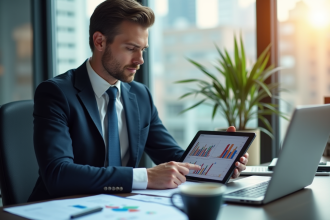 Analyste financier examinant des graphiques sur une tablette dans un bureau lumineux