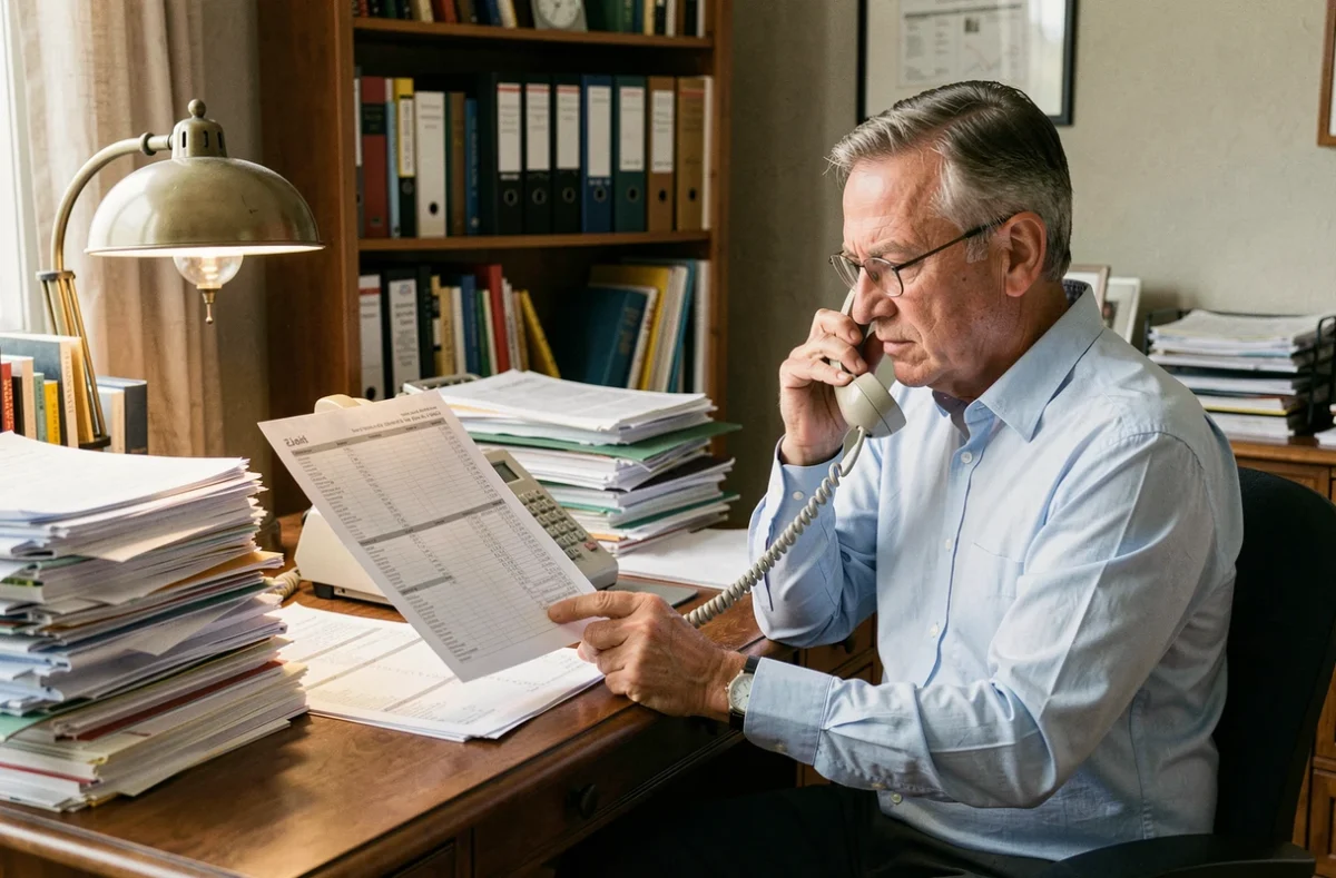 Homme consultant un annuaire papier pour trouver un numéro de téléphone de particulier dans son bureau