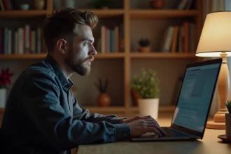Personne utilisant un ordinateur portable avec filtre de confidentialité pour des rencontres discrètes en ligne
