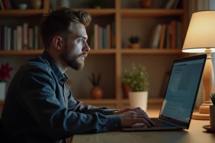 Personne utilisant un ordinateur portable avec filtre de confidentialité pour des rencontres discrètes en ligne