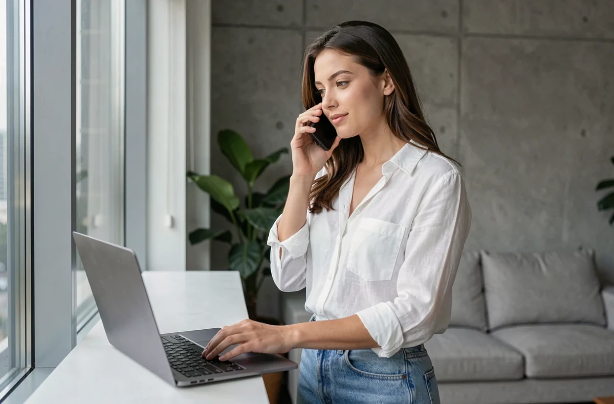 Jeune femme appelant un service d'annuaire pour obtenir le numéro d'un particulier depuis son appartement