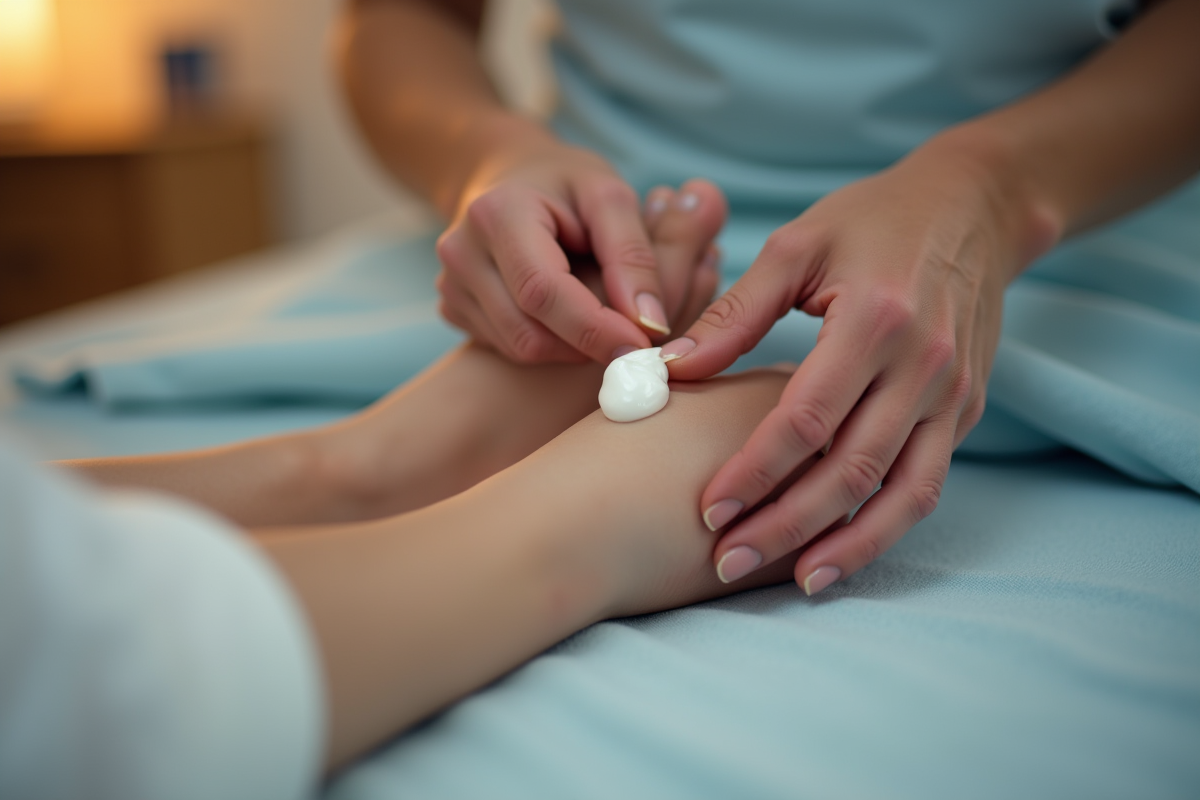 Gros plan de mains appliquant une creme sur un pied diabétique sur un lit propre