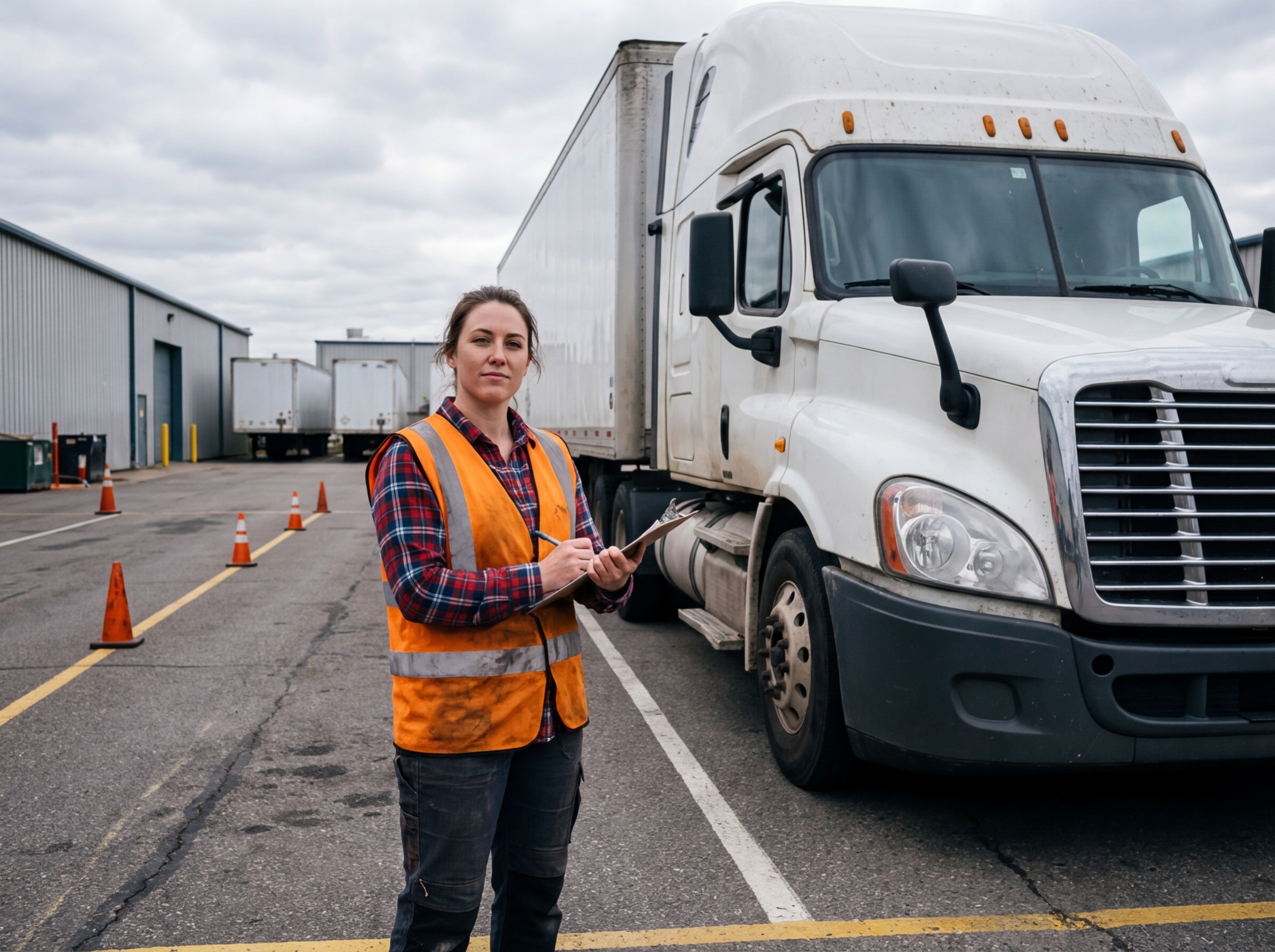 Jeune femme form&eacute;e &agrave; c&ocirc;t&eacute; d&rsquo;un camion en ext&eacute;rieur