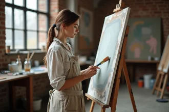 Artiste femme peignant sur une grande toile dans un atelier aux murs en briques avec lumière naturelle