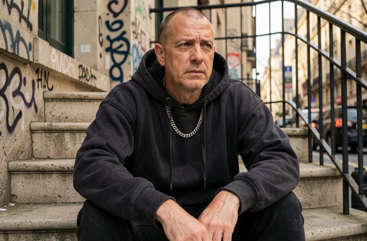 Artiste rap français assis sur un escalier urbain à Paris, expression introspective et posture fermée