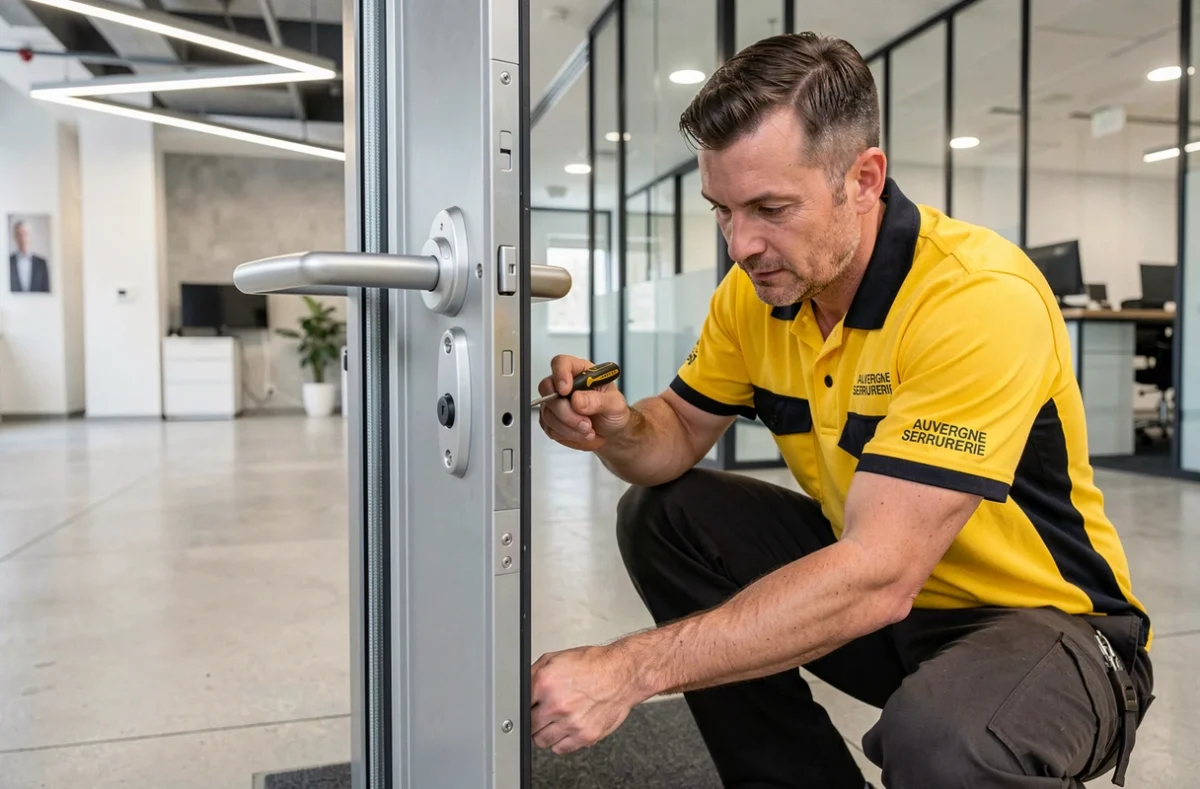 Technicien d'Auvergne Serrurerie ajustant un ferme-porte dans le hall d'un immeuble de bureaux moderne en Haute-Loire