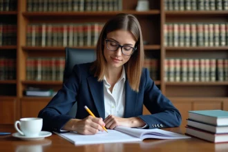 Femme en blazer bleu annotant un code juridique dans un bureau
