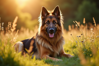 Chien berger allemand à longue poil dans un pré ensoleillé