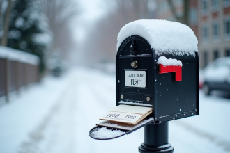 Boîte aux lettres canadienne enneigée avec codes postaux visibles