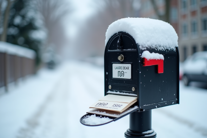 Boîte aux lettres canadienne enneigée avec codes postaux visibles