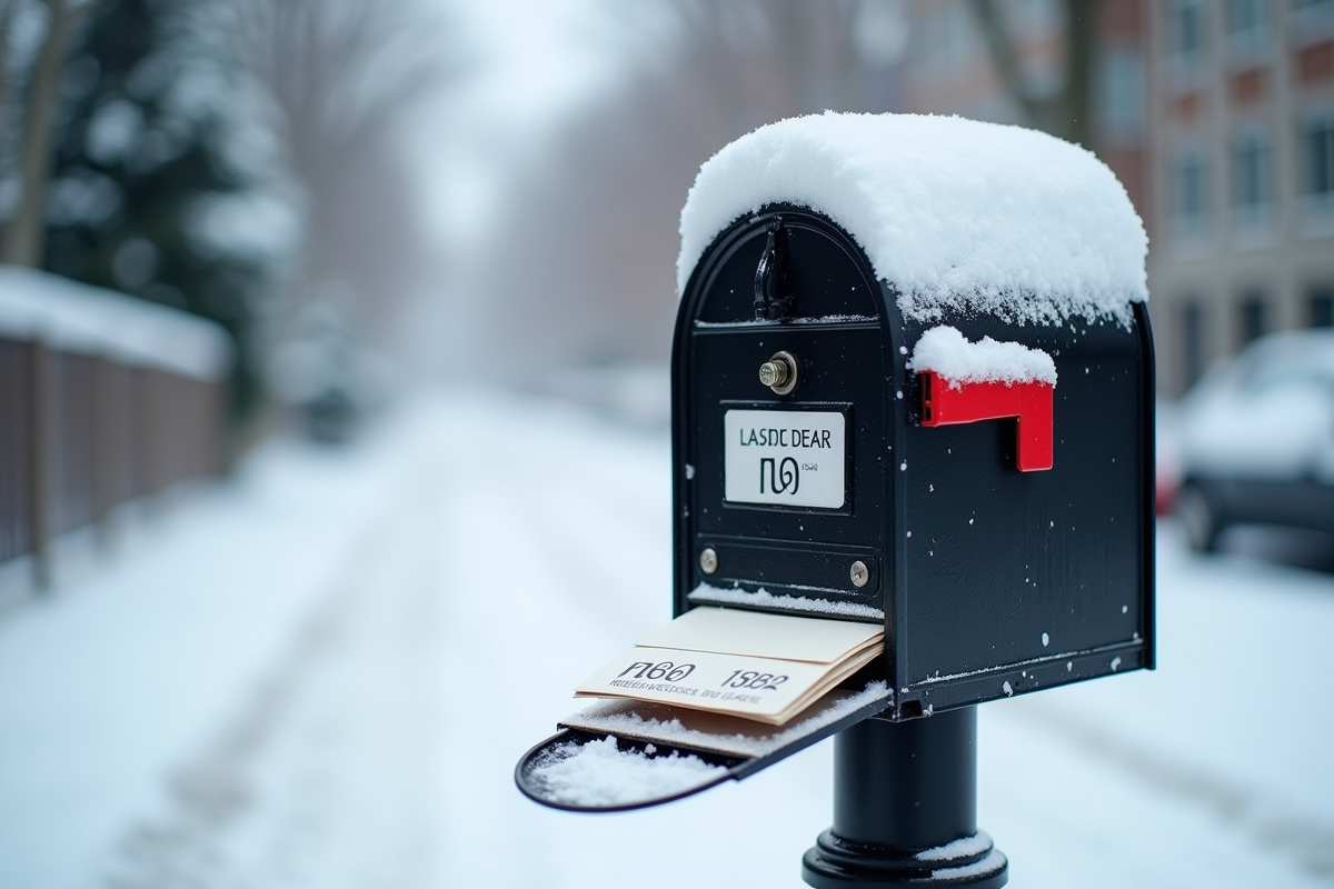 Boîte aux lettres canadienne enneigée avec codes postaux visibles