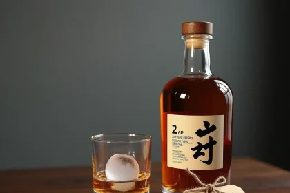 Bouteille de whisky japonais Akashi posée sur une surface en bois sombre avec un verre à whisky et une étiquette cadeau en kraft