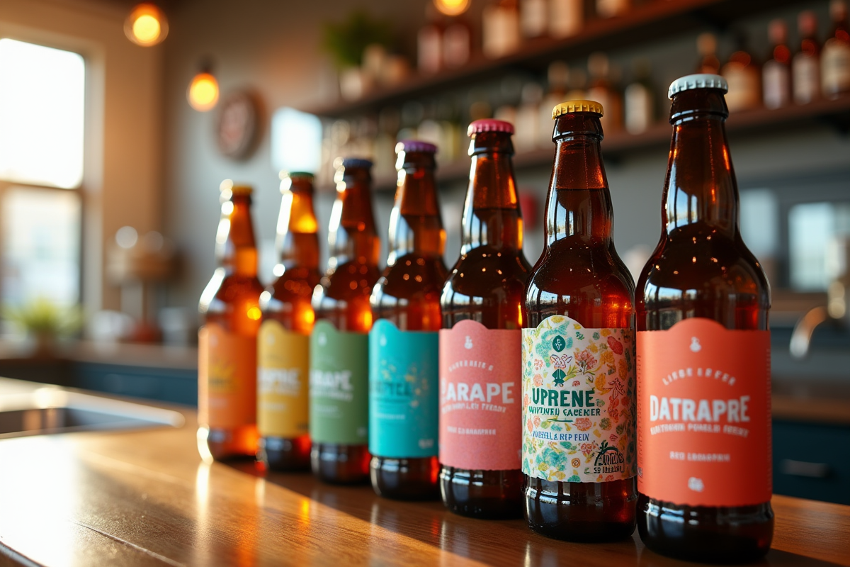 Bouteilles colorées de bière artisanale sans gluten sur un comptoir