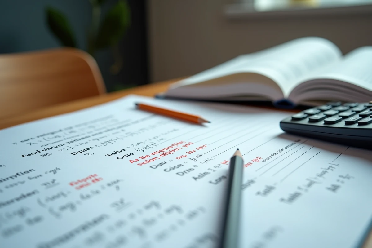 Bureau technique encombré avec une feuille de calcul de champ électrique annotée en rouge et une calculatrice scientifique pour corriger les erreurs