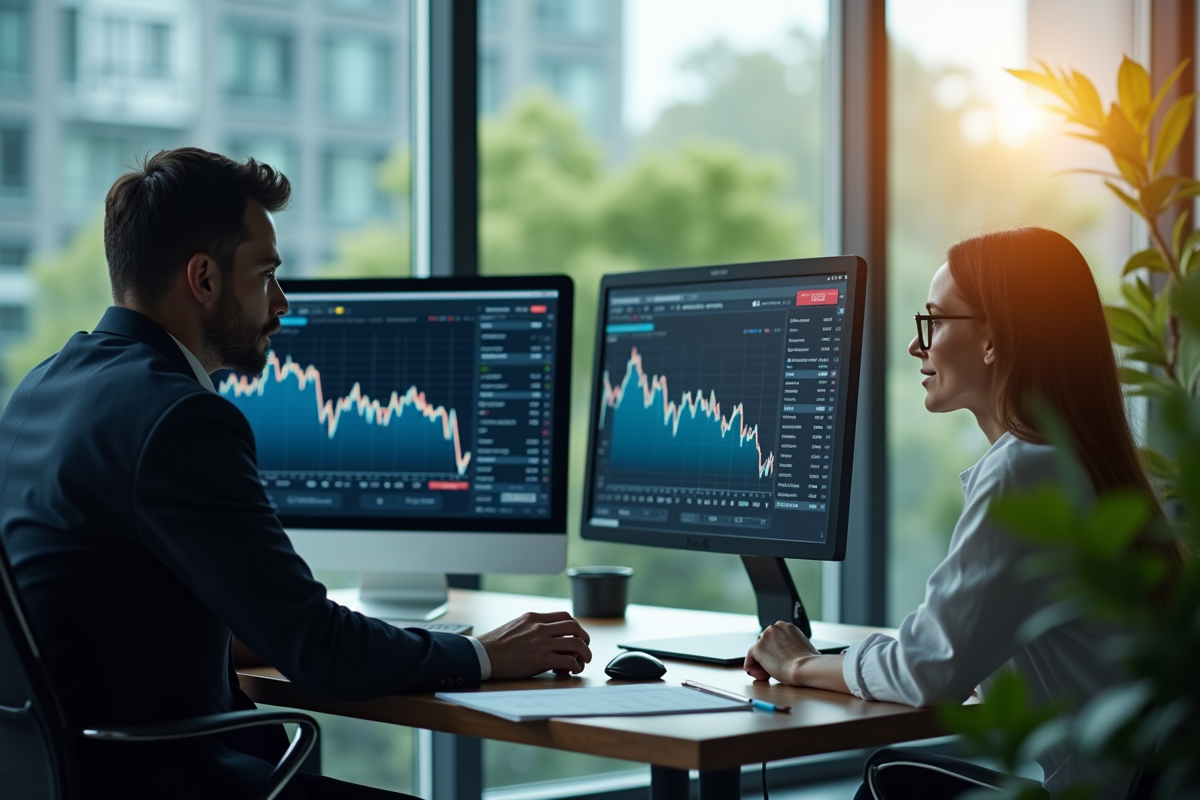 Bureau moderne avec analystes financiers et graphique en baisse