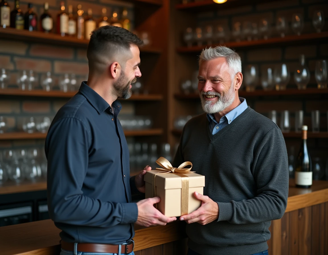 Deux hommes adultes échangeant un cadeau de whisky japonais dans un bar rustique en bois