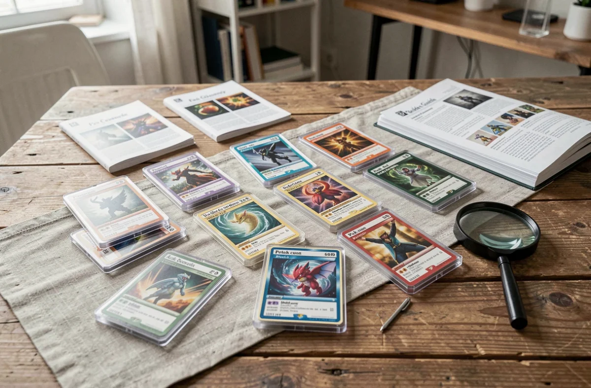 Disposition à plat de cartes Pokémon gradées dans des slabs PSA avec un guide de prix et une loupe sur une table en bois