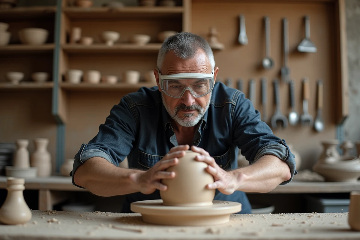 Artisan céramiste travaillant sur un tour de poterie dans un atelier rempli de sculptures en argile