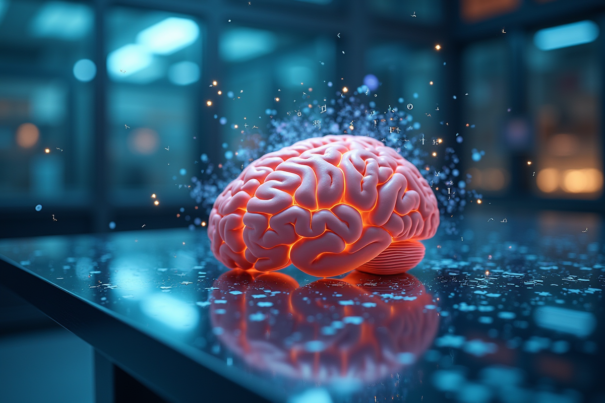 Cerveau humain sur une table avec particules quantiques et équations