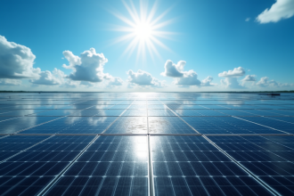 Champ de panneaux solaires sous un ciel bleu ensoleille