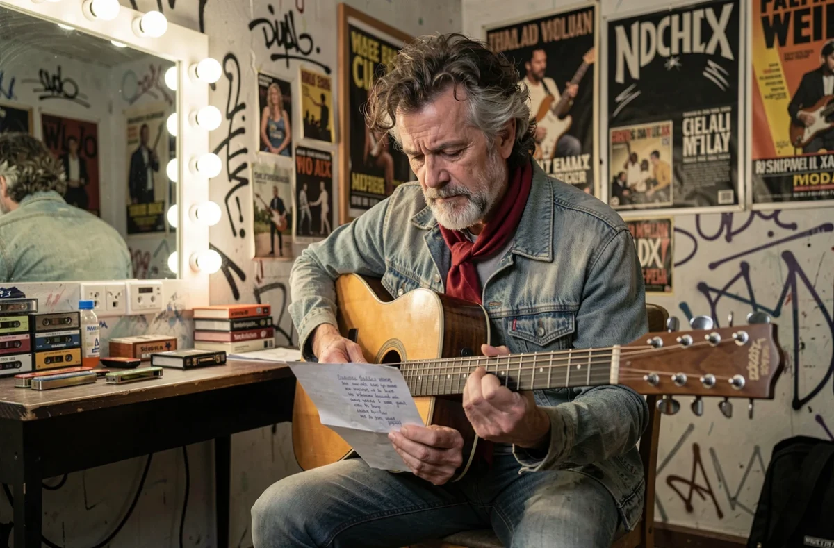 Homme à l'allure de chanteur français des années 80 en coulisses tenant une guitare acoustique et relisant des paroles manuscrites, dans l'esprit de Renaud et de sa chanson Lola