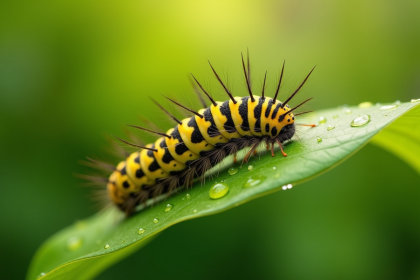 Chenille jaune et noire sur une feuille verte fraîche