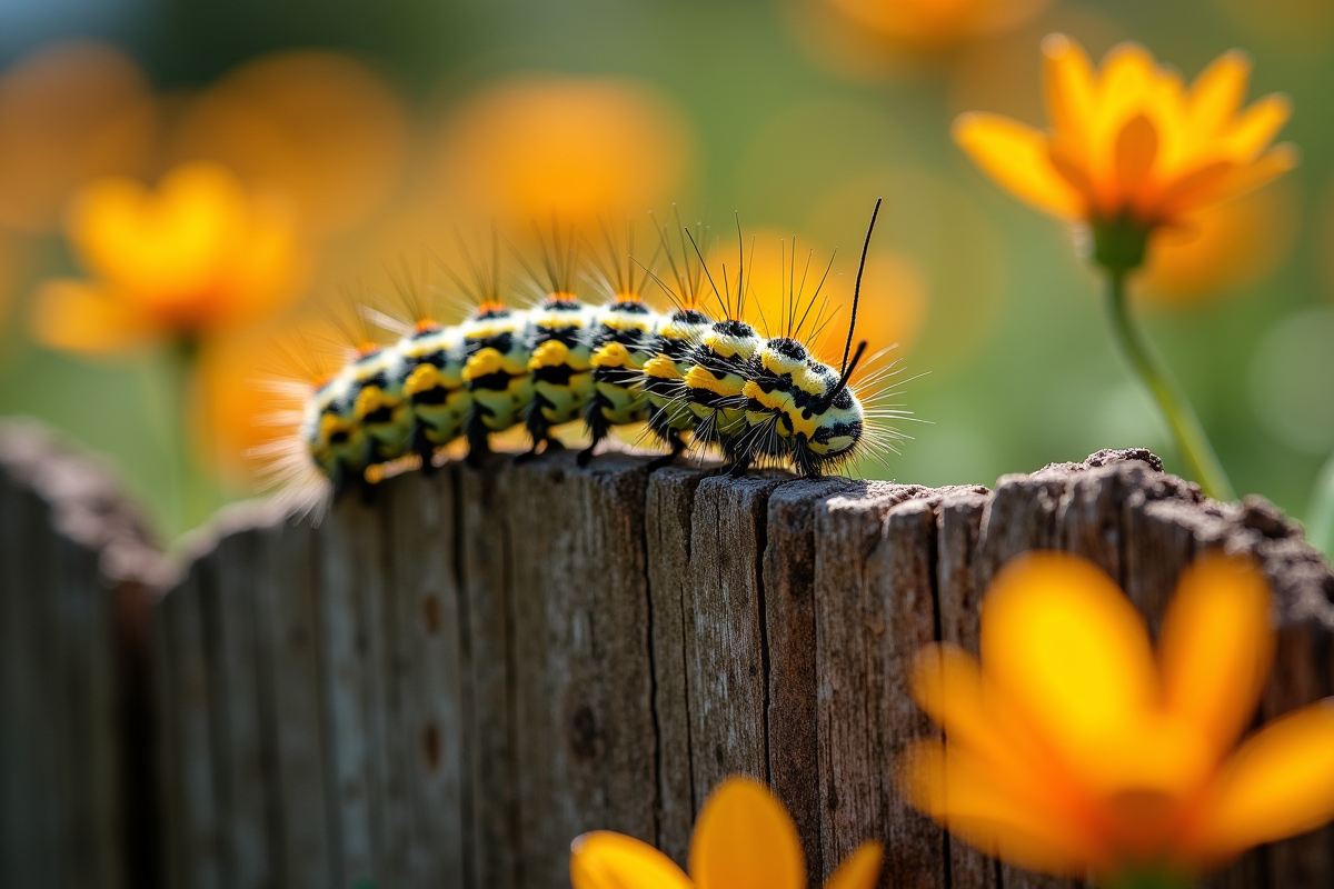 Chenille jaune et noire reposant sur une clôture en bois