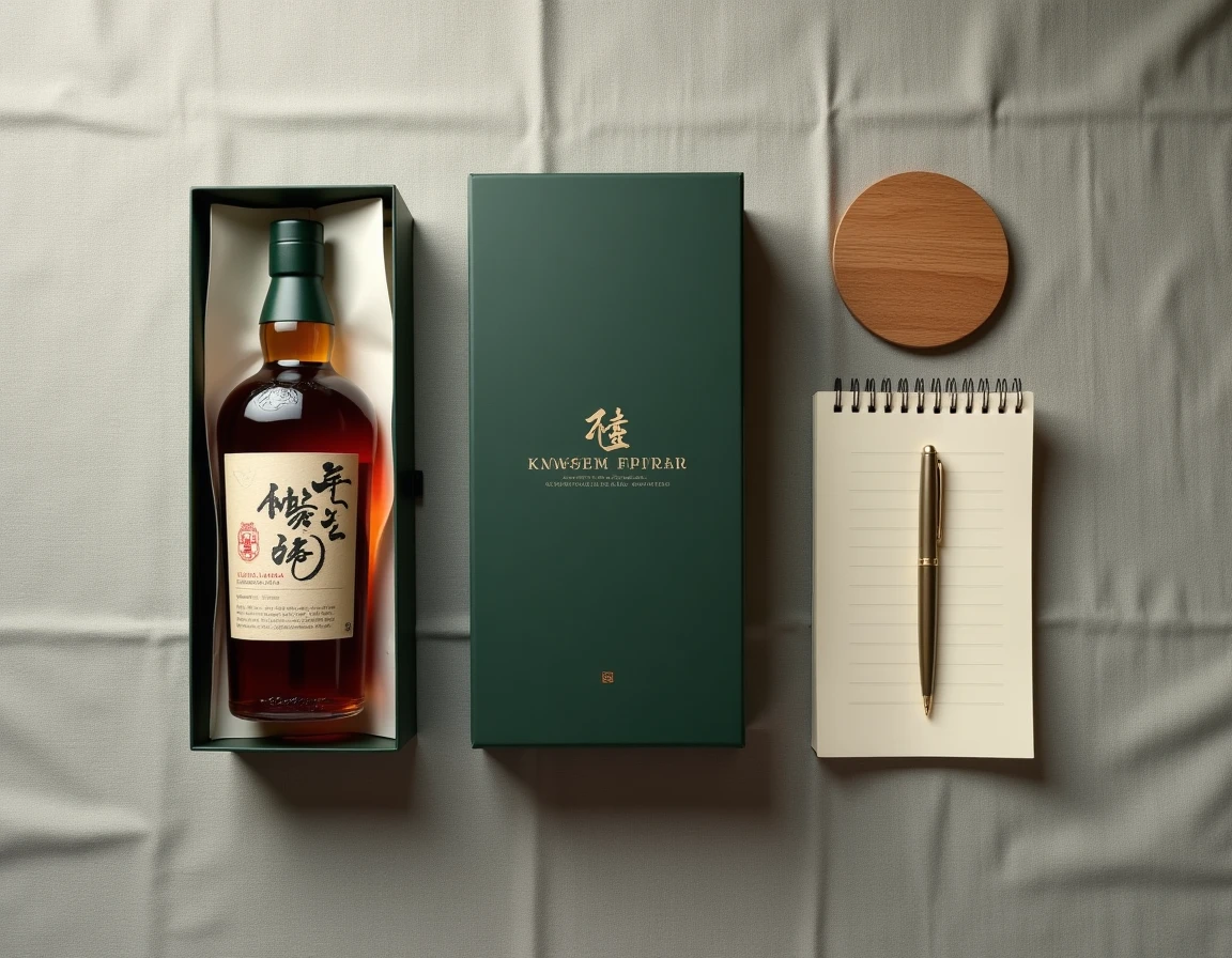 Vue de dessus d'un coffret cadeau whisky japonais Akashi avec carnet de dégustation et accessoires sur tissu lin gris