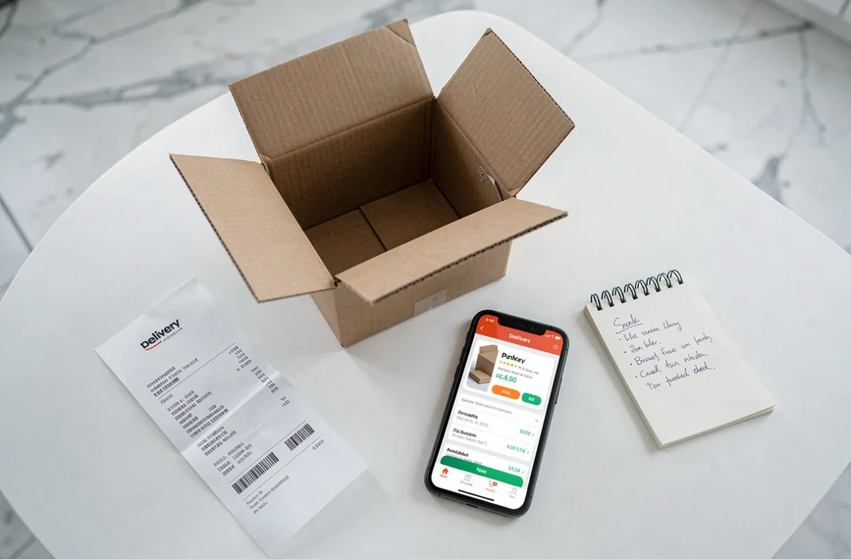 Vue de dessus d'un colis LP Collect avec reçu de livraison et suivi en ligne sur smartphone posés sur une table