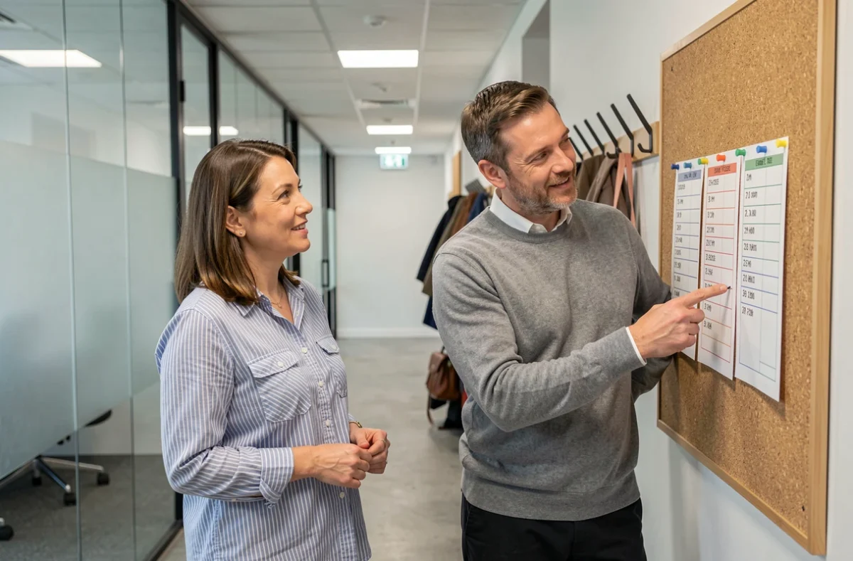 Deux collègues consultant un planning partagé en semaine impaire affiché sur un tableau en liège dans un couloir de bureau