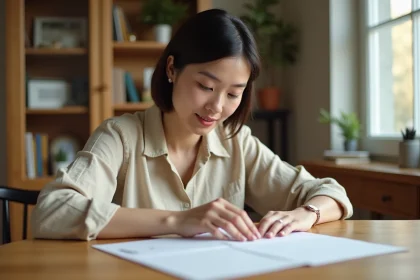 Femme collant un timbre dans le coin supérieur droit d'une enveloppe blanche sur un bureau en bois