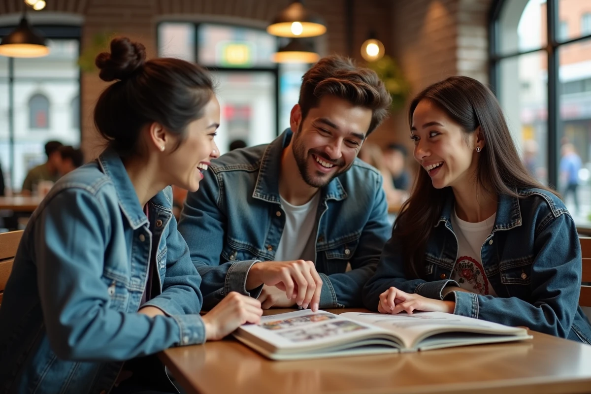 Groupe de jeunes fans de manga discutant autour d'un volume dans un café urbain, illustrant la communauté passionnée autour des scantrad comme Epsilon