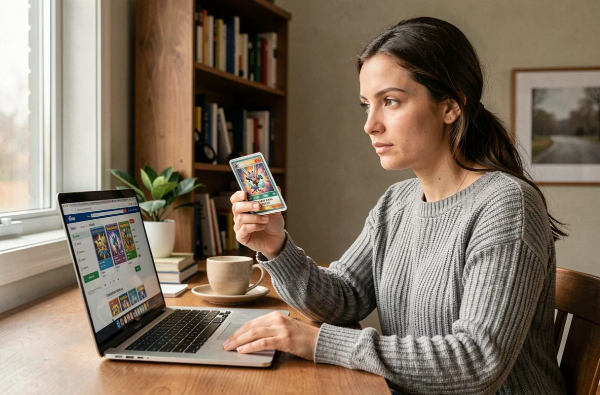Jeune femme comparant une carte Pokémon rare avec les prix affichés sur un site de vente en ligne depuis son bureau à domicile