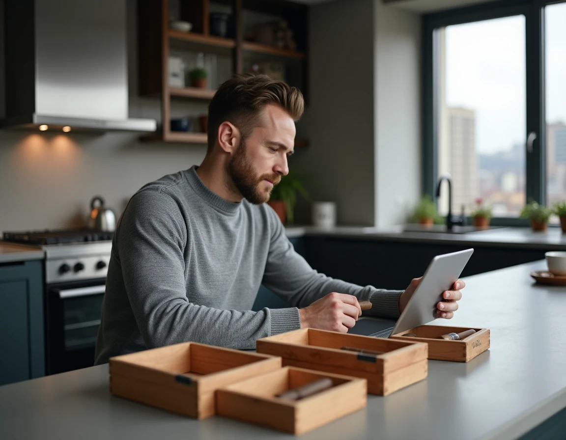 Jeune homme comparant différents cigares sur une tablette avant de passer une commande en ligne