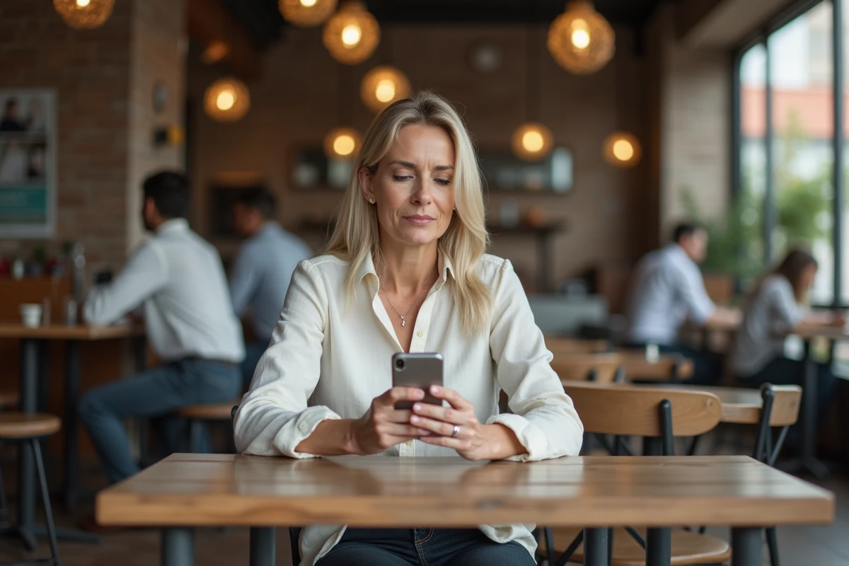 Femme consultant son smartphone dans un café pour gérer son profil de rencontres en toute discrétion