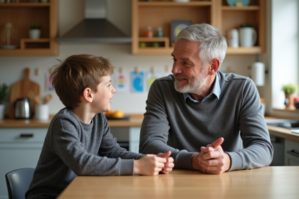 Père et enfant discutent dans une cuisine chaleureuse